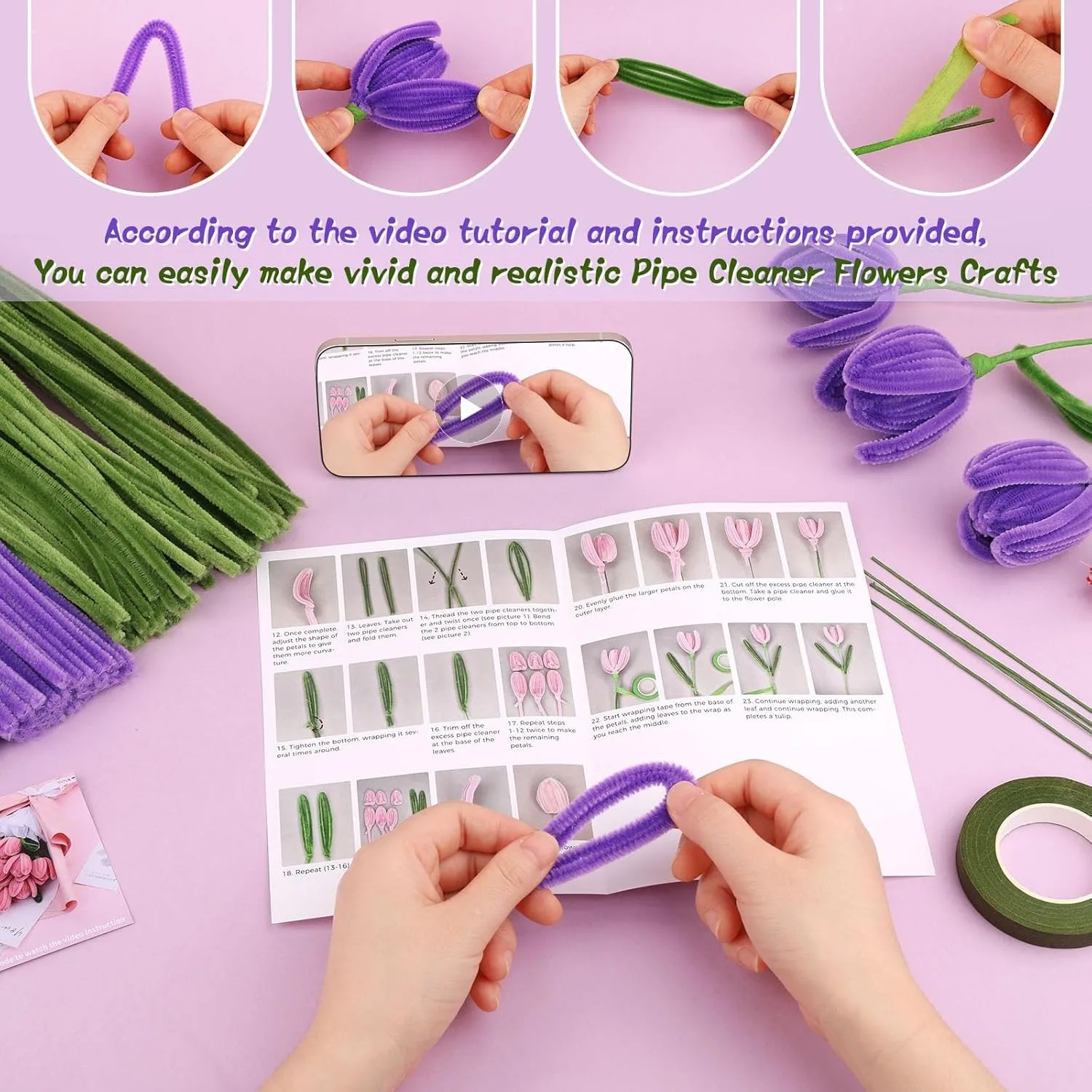 OUBAI Pipe Cleaner Flower Craft Kit, with Wrapping Paper, Step-by-Step Video Tutorials for Birthday Home Decoration