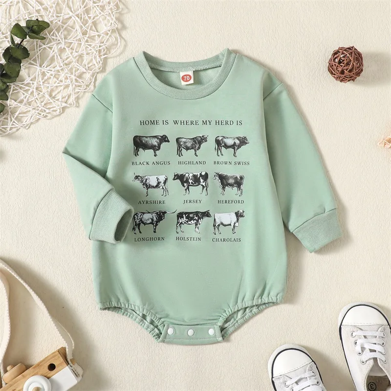 

Autumn Newborn Baby Boys Clothing Cattle Letter Print Long Sleeve Loose O-neck Sweatshirts Jumpsuits Playsuits Overalls