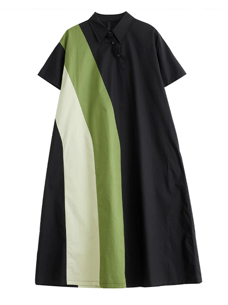 2025 Summer New Patchwork Contrast Color Shirt Dresses For Women Short Sleeve Loose Casual Long Dress Fashion Elegant Clothing