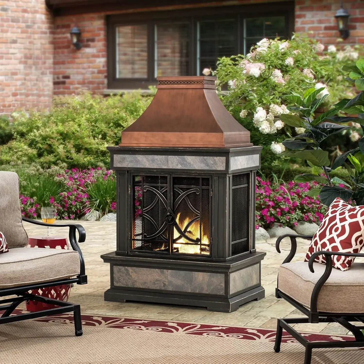 Description Picture 3 of itemOutdoor Fireplace Stone Look Tile Patio Wood Burning Steel Fireplace with Chimney Spark Screen Fire Poker Rain Cover