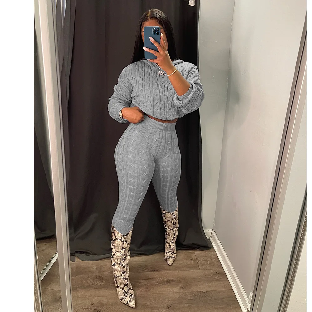 Casual Knit Ribbed Two Piece Set Women 2022 Autumn Outfit Tracksuit Solid  Long Sleeve Hooded Sweater Crop Top Jogger Pants Suit - Pant Sets -  AliExpress