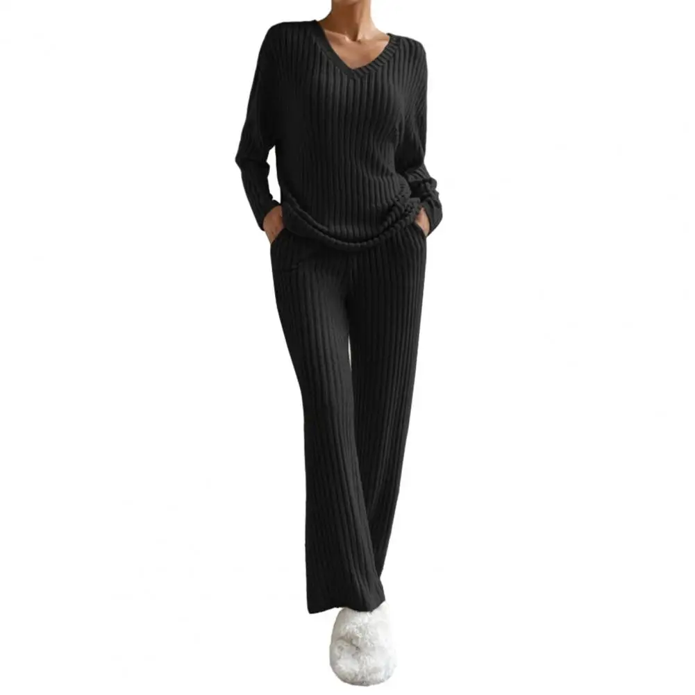Ribbed Knit Pajama Set Long Sleeve Pajama Set Cozy Knitted Sweater Pants  Set Stylish V Neck Loose Fit with for Fall/winter - AliExpress