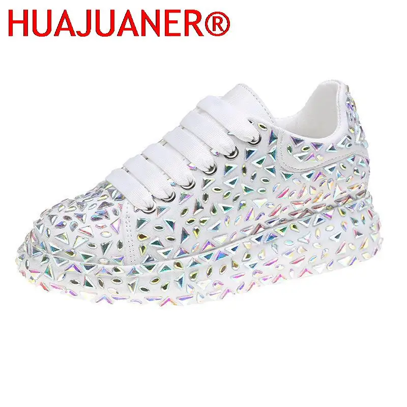 

2023 Autumn Spring Leather Women Shoes New Style Fashion Platform Shoes Ins Platforms Sneakers Tide Shine Bling Rhinestone Shoes