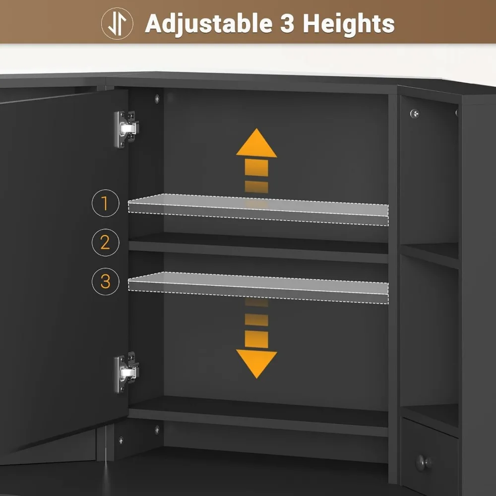 Corner Vanity Desk with Lighted Mirror, Makeup Vanity with Lights and Charging Station, Vanity Set with Mirror and Storage Stool