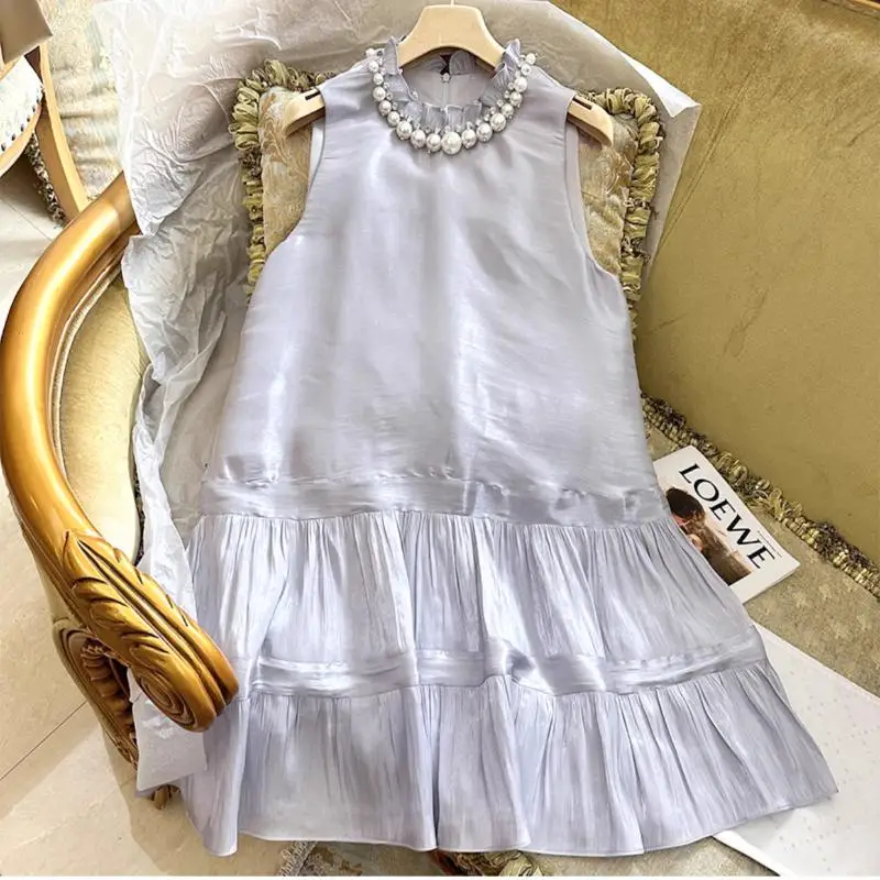 

Pearl Ruffles O-Neck Loose Lavender Elegant Sleeveless Short Dress Vacation Beach Fashion Casual Doll Dresses 2024 Summer Women