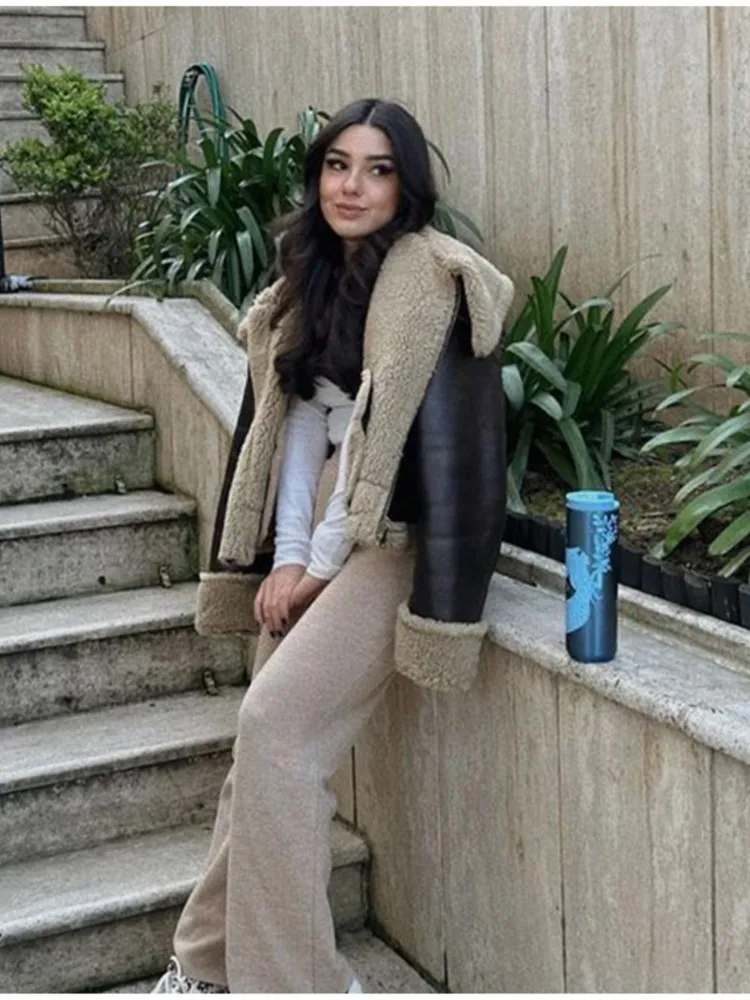 

Women Long Sleeve Cropped Cashmere Coat Zipper Pocket Turn-down Collar Motorcycle Jacket 2023 Winter Thicken Warm Streetwear