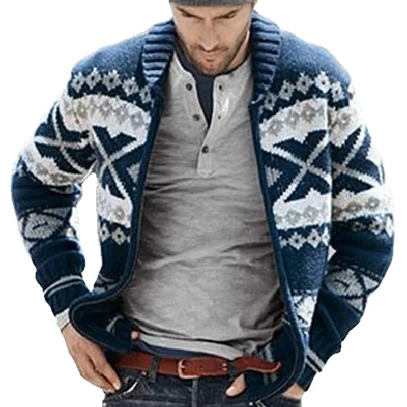 Men's Sweater Cardigan 2023 Autumn And Winter New Fashion Lapel Zipper Print Casual Large Size Sweater
