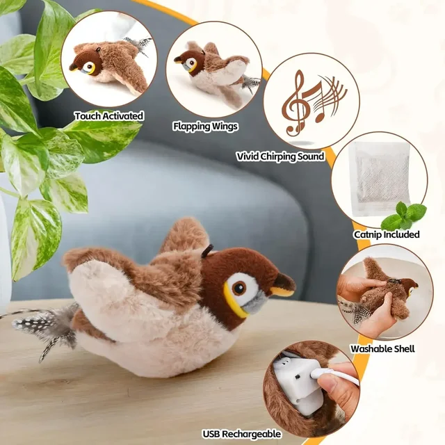Hot Cat Interactive Toys Catnip Electric Pat Bird (with Catnip) Dog Cats Touch-Activated Squeaky Plush Toy Pet USB Rechargeable 5
