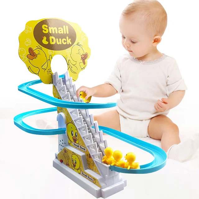 Electric Duck Climbing Stairs & Slides Playset Playful Roller Coaster Toys with 9 Duck Toys & Race Track Educational Track Toys 6
