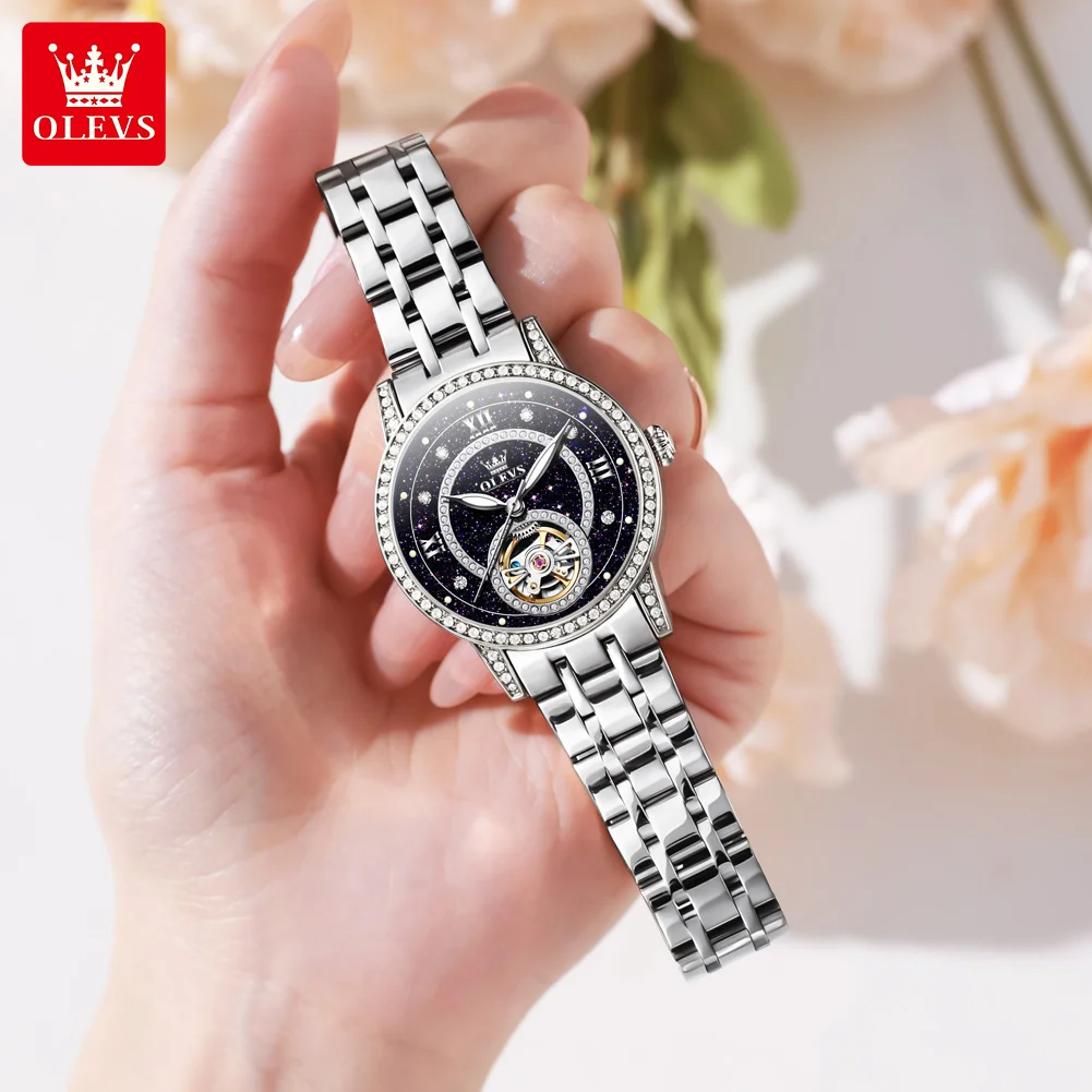 Starry Sky Diamond Dial Automatic Mechanical Watch Women OLEVS Top Brand Luxury Steel Strap Tourbillon Ladies Watches Women
