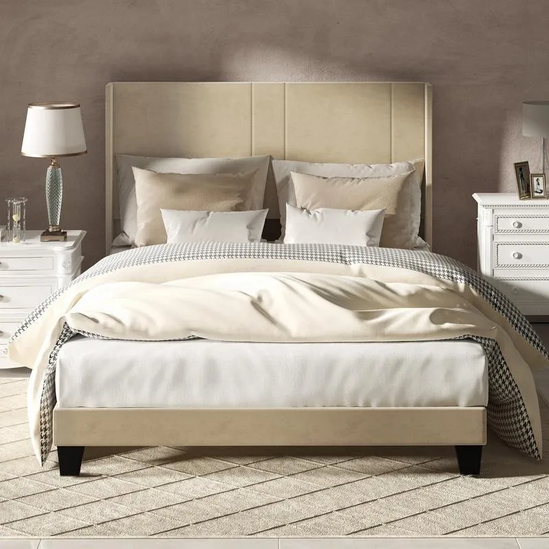 

【Summer Sale】YITAHOME Queen Size Upholstered Bed Frame, Platform Bed Base with Beige Velvet Headboard and Wingback,
