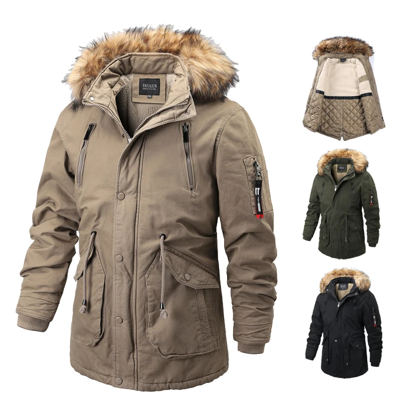 

2022 New Fashion Warm Wool Liner Fur Collar Hooded Men Winter Jacket Man Jacket and Coat Hat Detachable Windproof Male Parkas