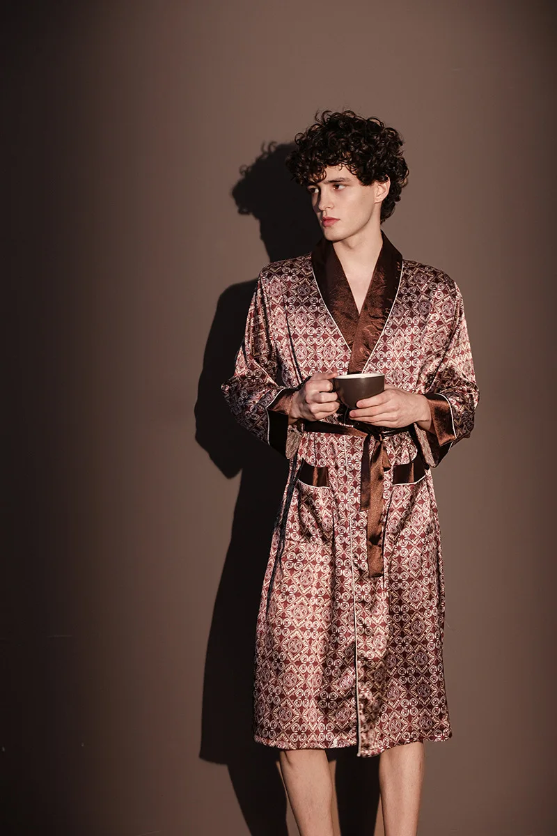 New Men's Robe Pajama Print Kimono Bathrobe Gown Spring Summer Male Sleepwear Loungewear Loose Silk Satin Nightwear Homewear