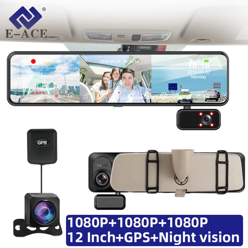 E ACE Car DVR 3 In 1 Rearview Mirror With 3 1080P Camera 12 Inches Dash