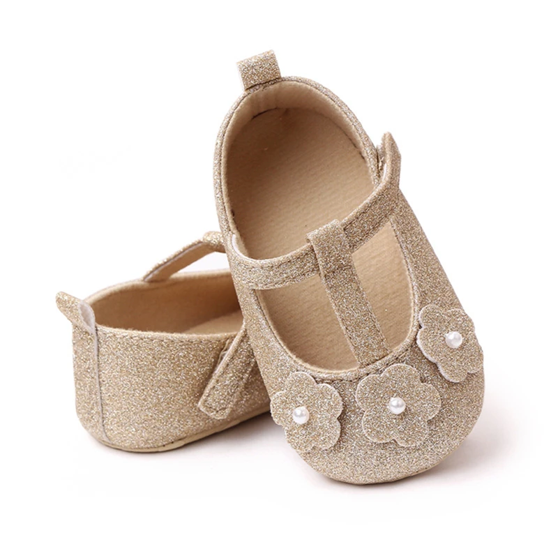 Newborn Infant Baby Girls Flat Shoes Soft Sole Shiny Flower Pearls Non-slip Indoor Outdoor Toddler Princess Shoes