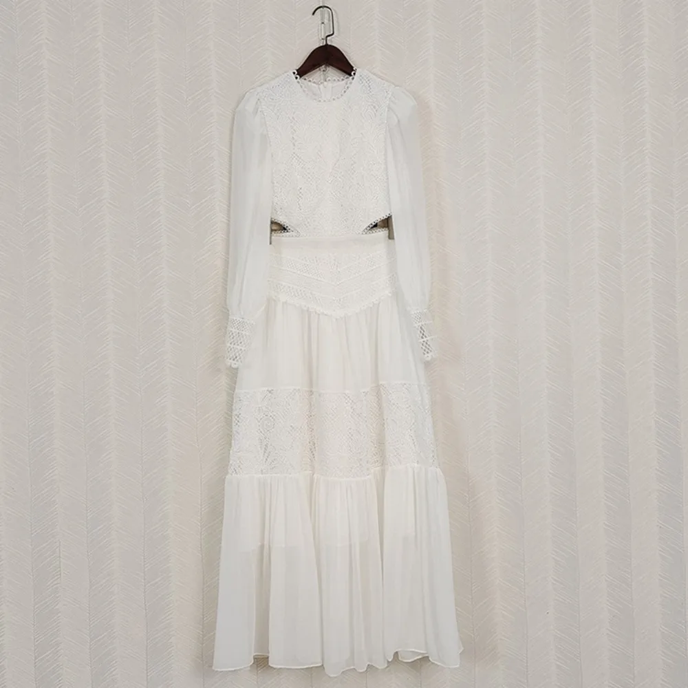 

2023 Spring Chic Women's High Quality Hollow-out Vintage Elegant Black White Long Sleeves Dress B897