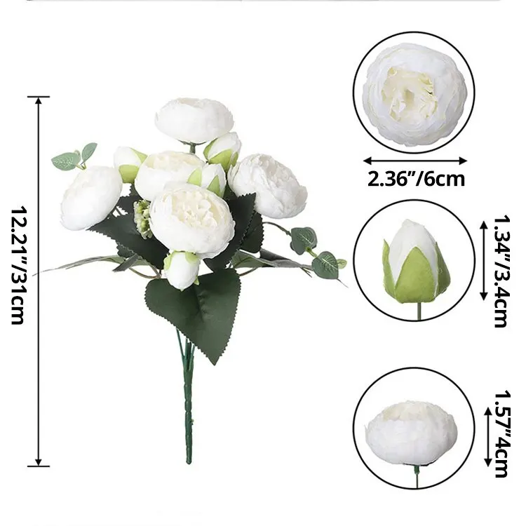 Artificial Flowers 30cm Rose White Peony Bouquet 5 Big Head and 4 Bud for Home Wedding Decoration Indoor