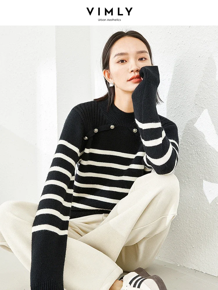 

Vimly Contrast Striped Sweater Long Sleeve Knitted Tops Female Pullovers 2023 Winter Thick High Strecth Jumpers Knitwear 72571