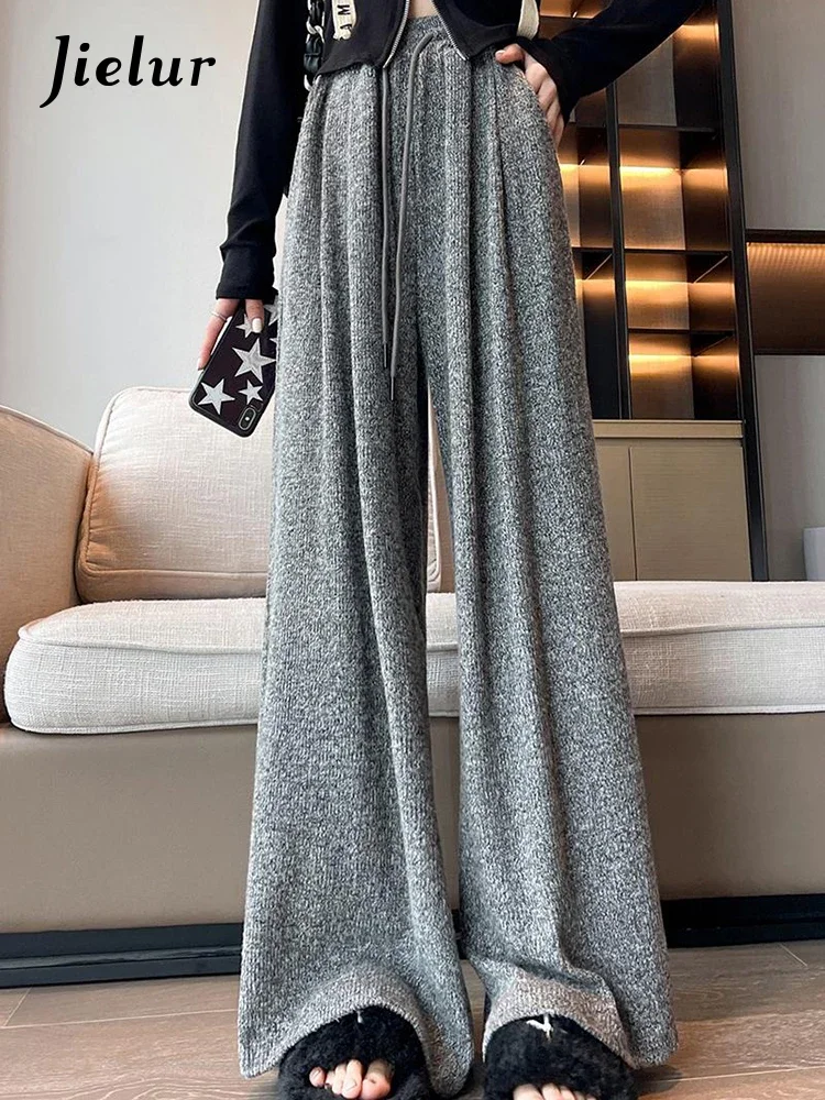 Jielur Grey Loose Knitting Casual Women's Pants High Waist Simple Drawstring Fashion Female Streetwear Pure Color Wide Leg Pants