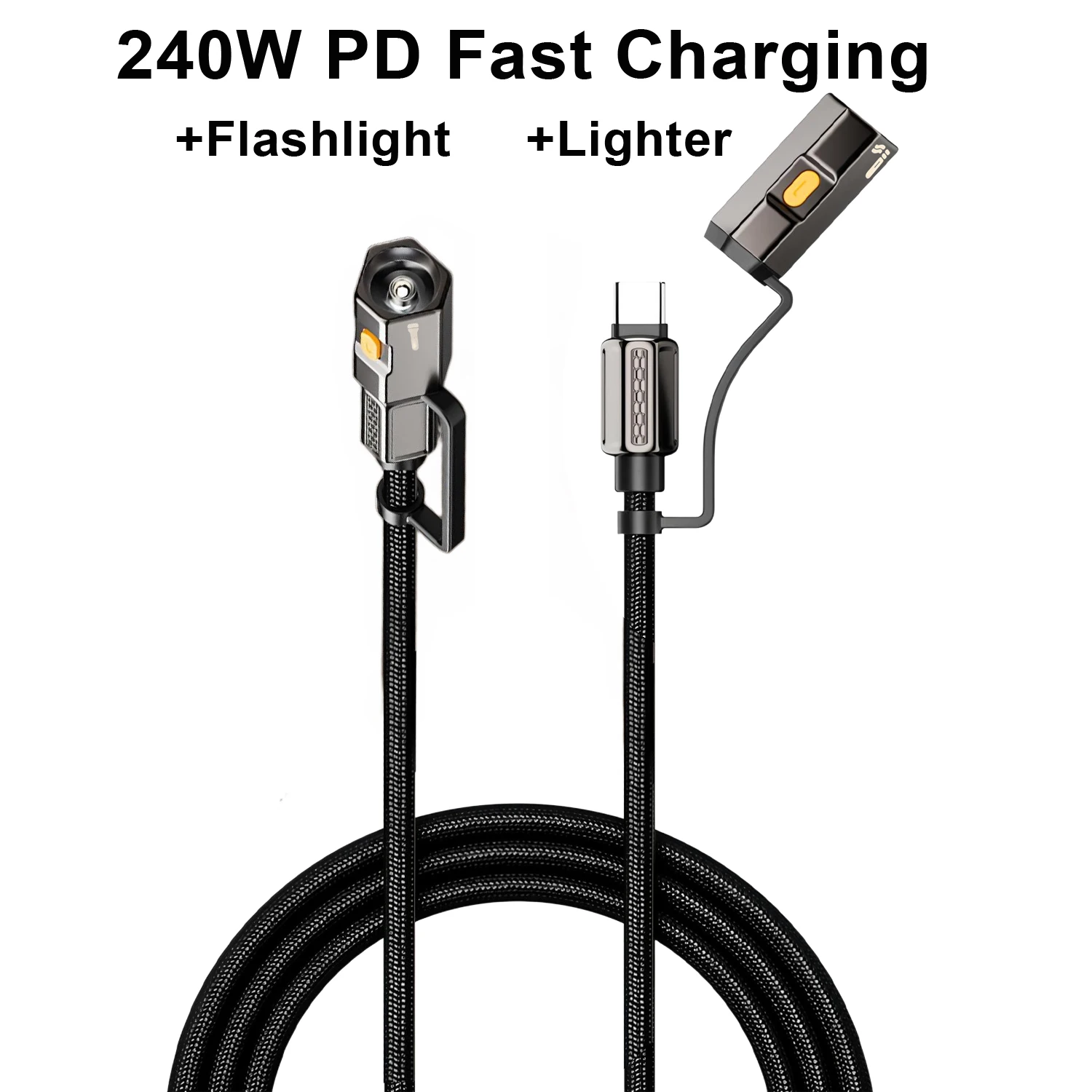 High-Speed 240W Fast Charging Type-C to Type-C Cable with LED Light & Built-In Lighter