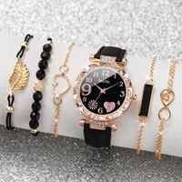 6PCS/Set Women Watches Fashion Heart Dial Leather Band Quartz Watch Leaf Bracelets Set ( Without Box ) 2