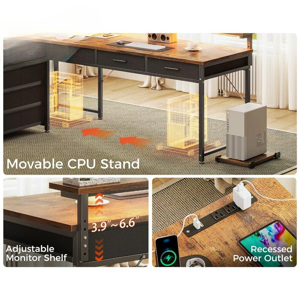 61" L Shaped Desk with 7 File Drawers, Gaming Desk with LED Light & Power Outlet, Reversible Home Office Desk 5