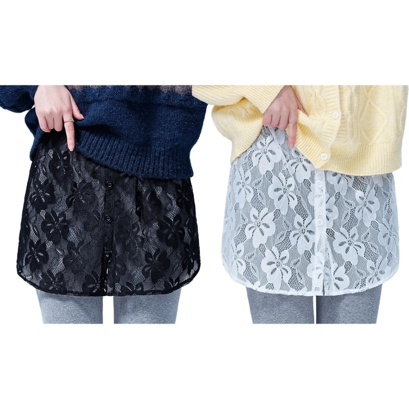 

Leaf Clover Floral Lace Shirt Extender Split Button Front Layering Top Hemline Lower Sweep Half Slip Mini Skirt