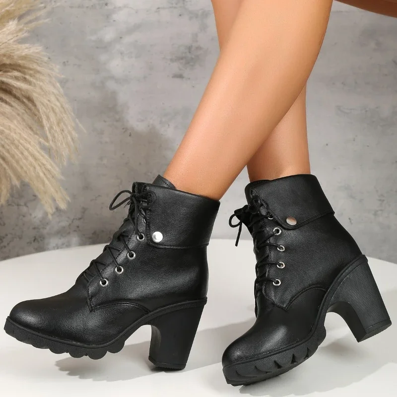 Ladies Shoes on Sale 2023 High Quality Winter Lace Up Modern Boots Solid  Round Head Heeled Boots Large Size  Zapatos Mujer