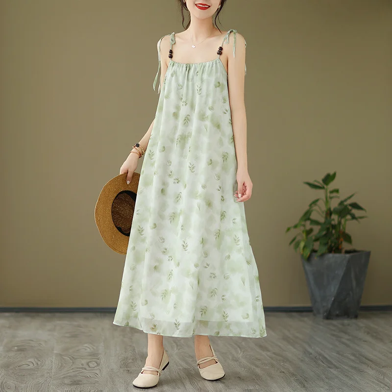 

#6621 Summer Chiffon Sleeveless Boho Beach Dress Women Printed Long Dress Femme Backless Sexy Vintage Spaghetti Strap Dress Thin