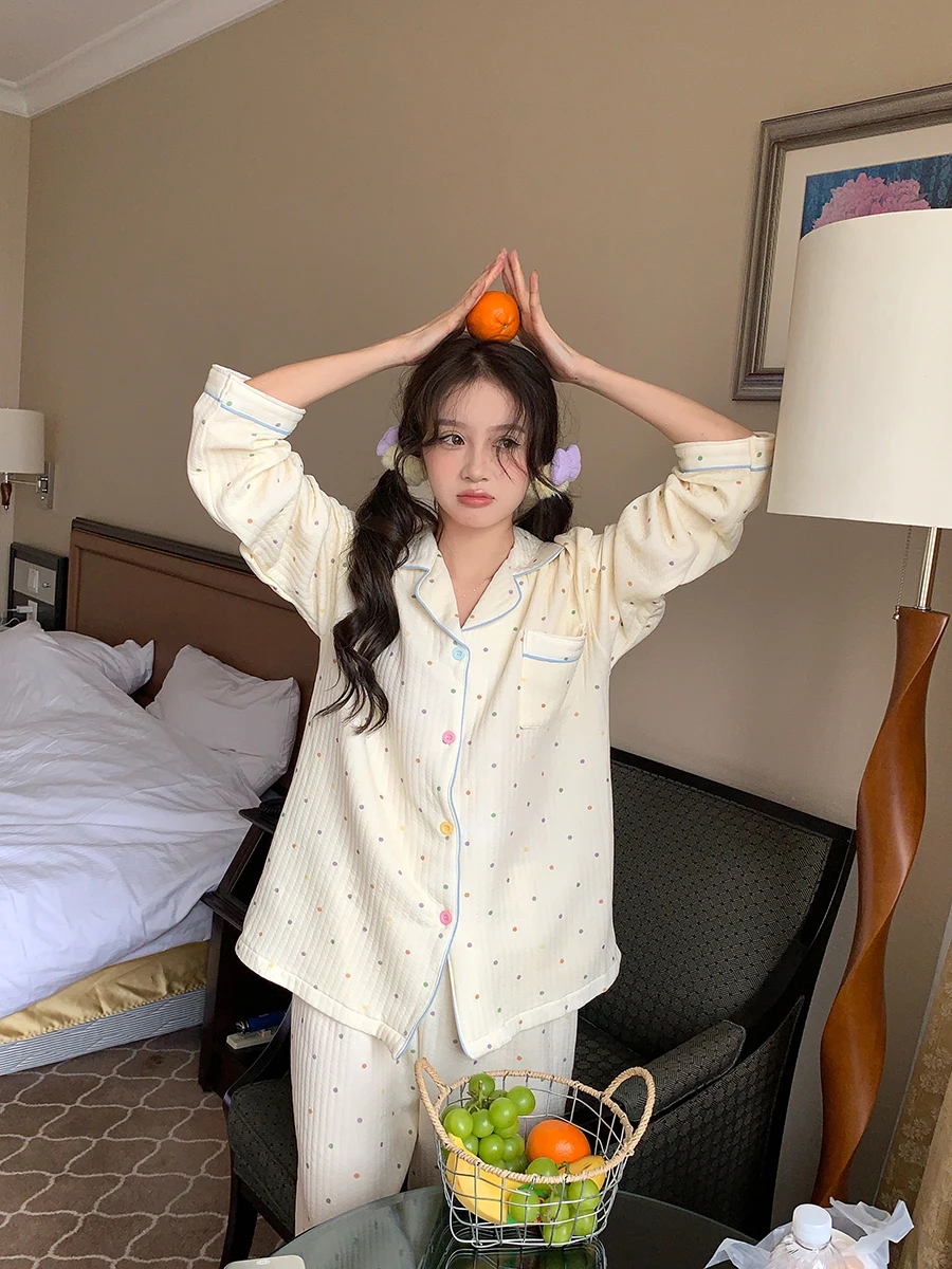 Autumn winter polka dot thickened quilted pajamas set women with bubble cotton that can be worn outside as home clothes chic