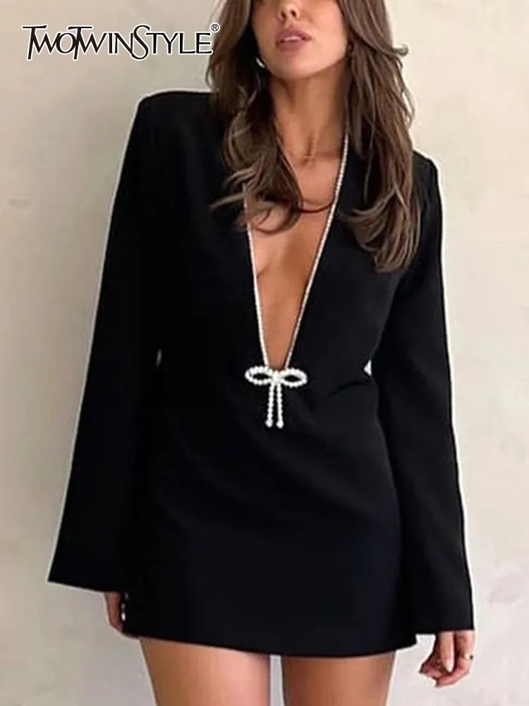 

TWOTWINSTYLE Spliced Diamonds Bowknot Dresses For Women Deep V Neck Long Sleeve High Waist Loose Dress Female Fashion Clothes