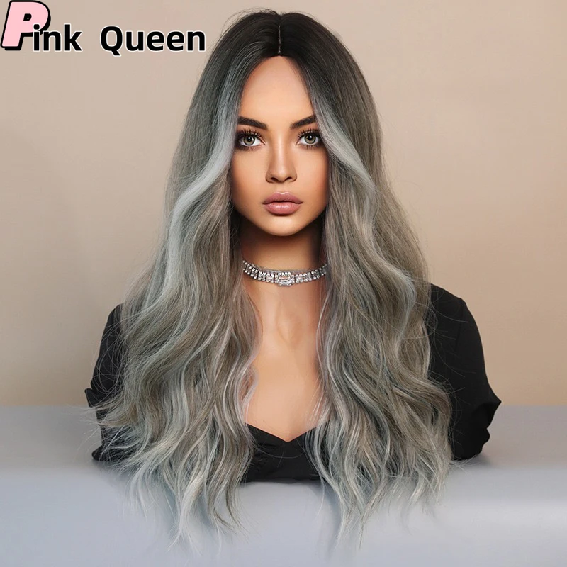 

New for Ladies mid length wavy lace wig headpiece with gradient highlights Brown pink Purple hair girl cosplay synthetic wig