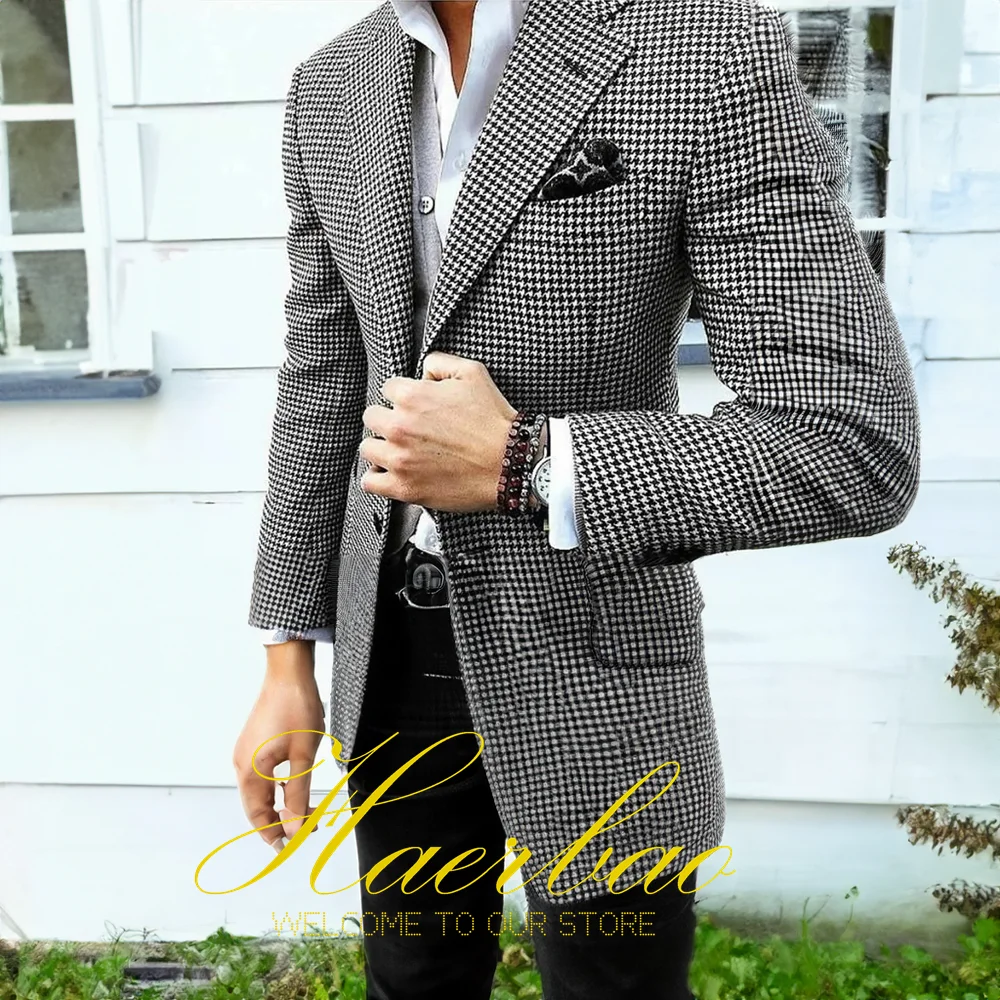 Houndstooth Fashion Men's Suit Jacket Pants 2-Piece Set Formal Business Slim Fit Outfit Custom Groom Blazer