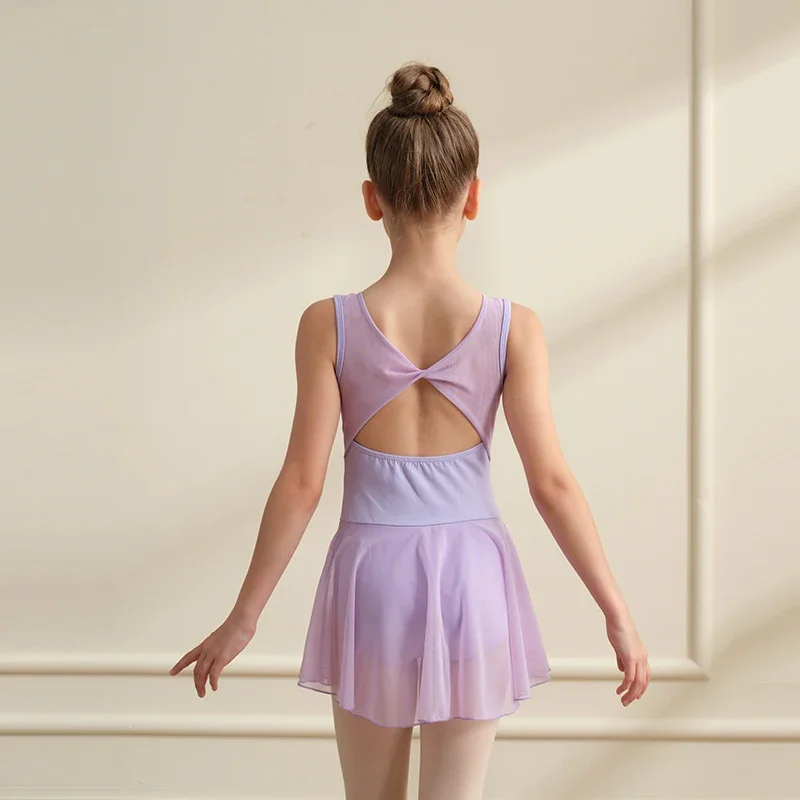 Mädchen-Ballett-Trikot mit kurzem Rock, ärmelloses Tanz-Trikot für Kinder, Mesh-Ballettkleid mit Schleife und Knoten hinten – Detail 6