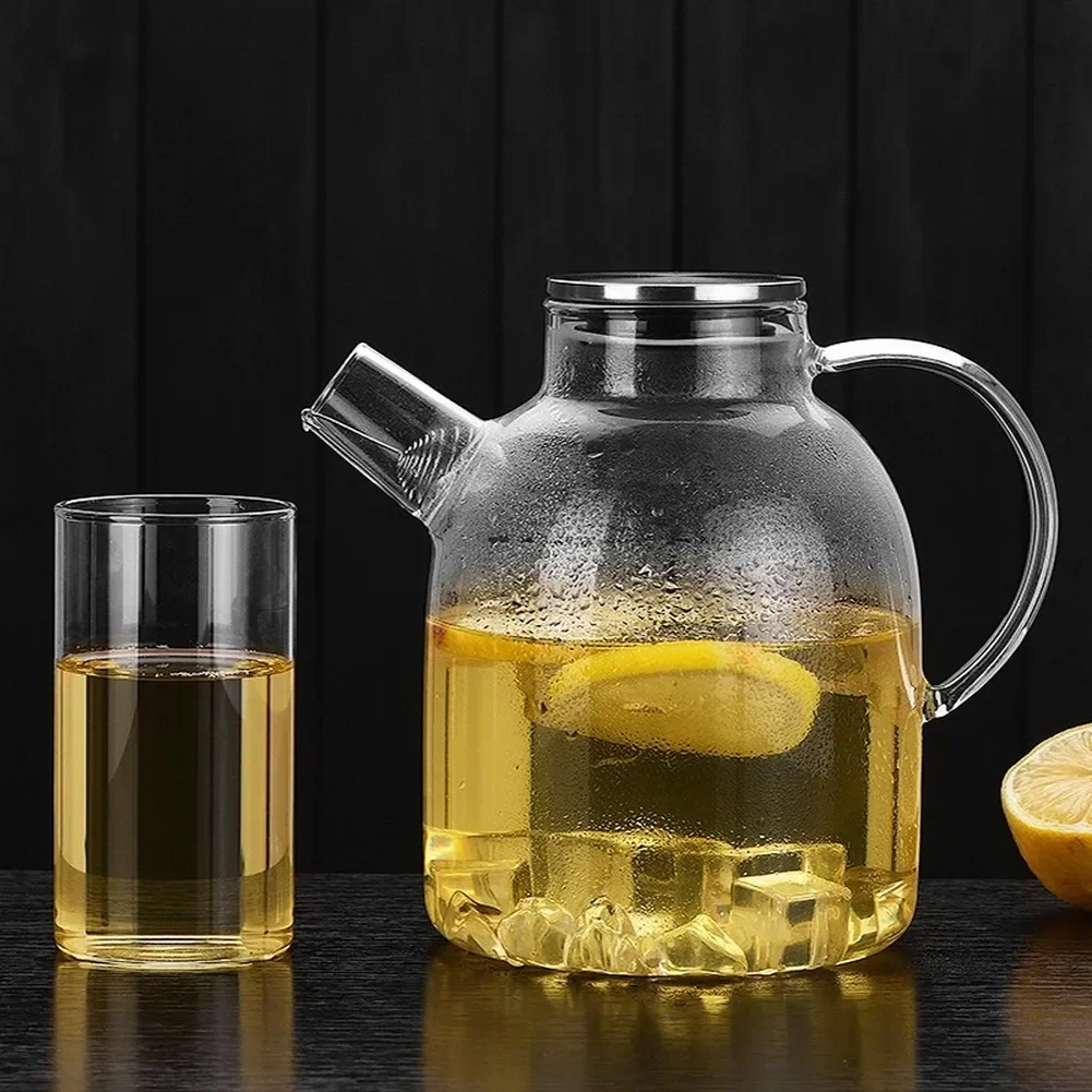 Glass Teapots with Stainless Steel Lid, Heat Resistant Kettle, Cold Water Jug, Clear Juice Container Cover, 1000ml, 1800ml