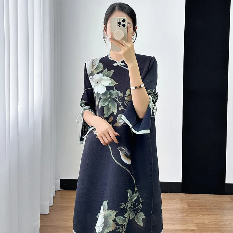 Miyake Pleated Dress Women's 2024 Summer Retro Style Large Flower Print Three-quarter Sleeve Round Neck Mid-length Elegant Dress - AliExpress 200000345 Miyake Pleated Dress Women's 2024 Summer Retro Style Large Flower Print Three-quarter Sleeve Round Neck Mid-length Elegant Dress - AliExpress 200000345