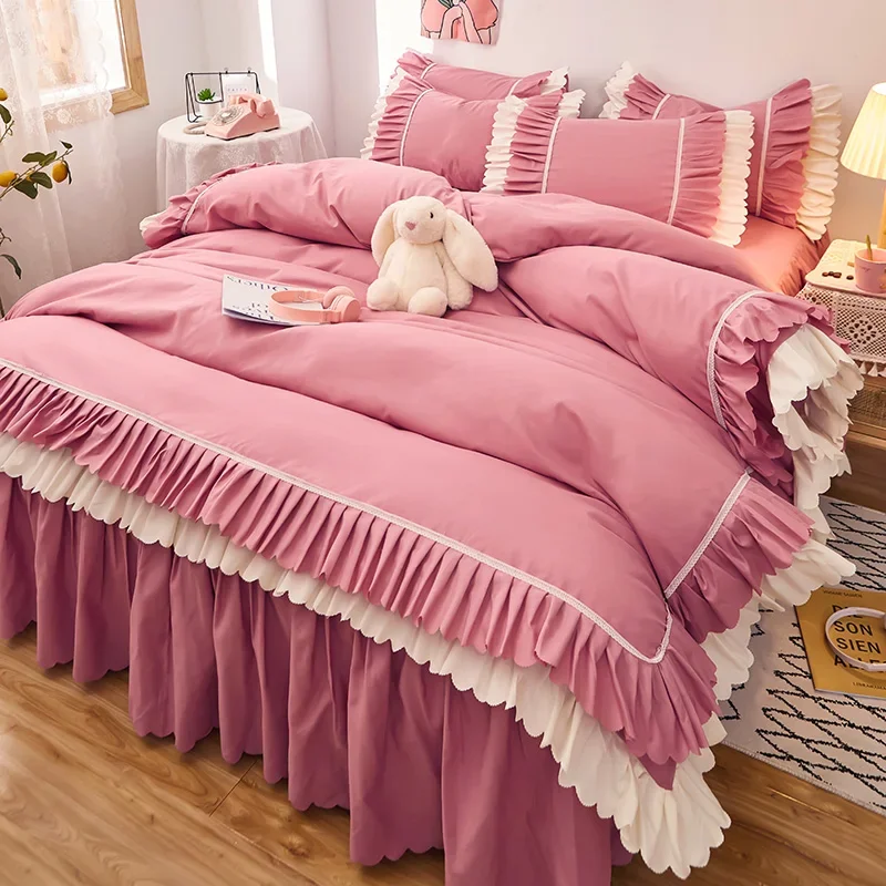 

4pcs Couple Bed Quilt Set Sheet Bedsheet Bedspread Queen Size Duvets Cover Linens Comforter Bedding with Pillowcases Luxury Pink