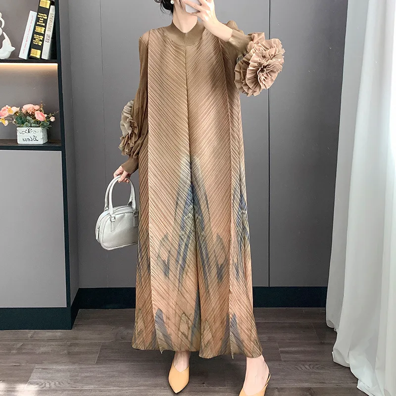 LANMREM Red Pleated Hand-Cranked Floral Print Women's Long Dress Long Sleeve Elegant Temperament Elastic Loose Dresses 2DB4509 - Image 3