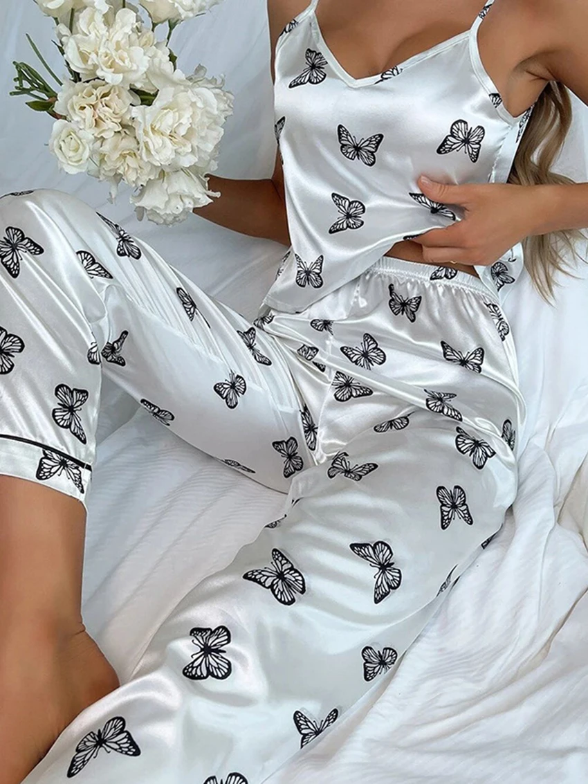 Marthaqiqi Summer Printing Female Pajamas 2 Piece Suit Backless Sleepwear Spaghetti Strap Nightgowns Pants Casual Nightwear Set
