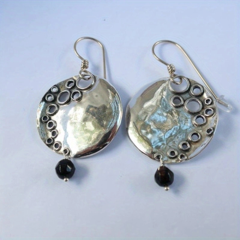 Vintage Silver Color Metal Carving Hollow Pattern Earrings Unique Hanging Black Stone Dangle Earrings for Women Jewelry