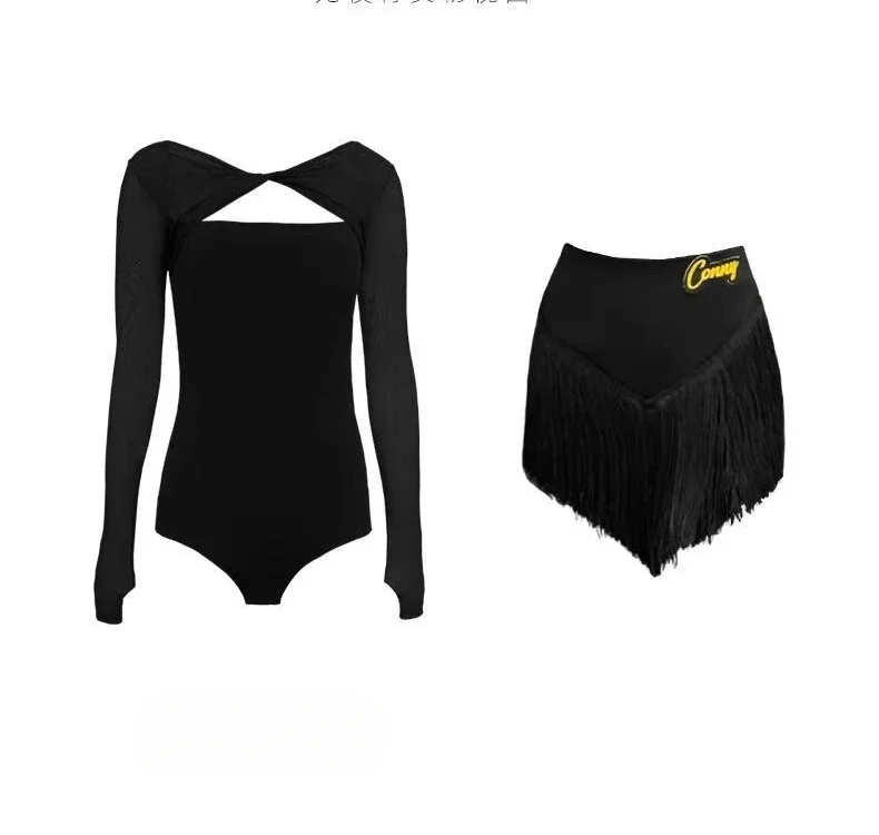 Kids Latin Dance Clothes Girls Black Jumpsuit Long Sleeves Tops Tassel Skirt Cha Cha Rumba Samba Latin American Dance Costumes dance dress