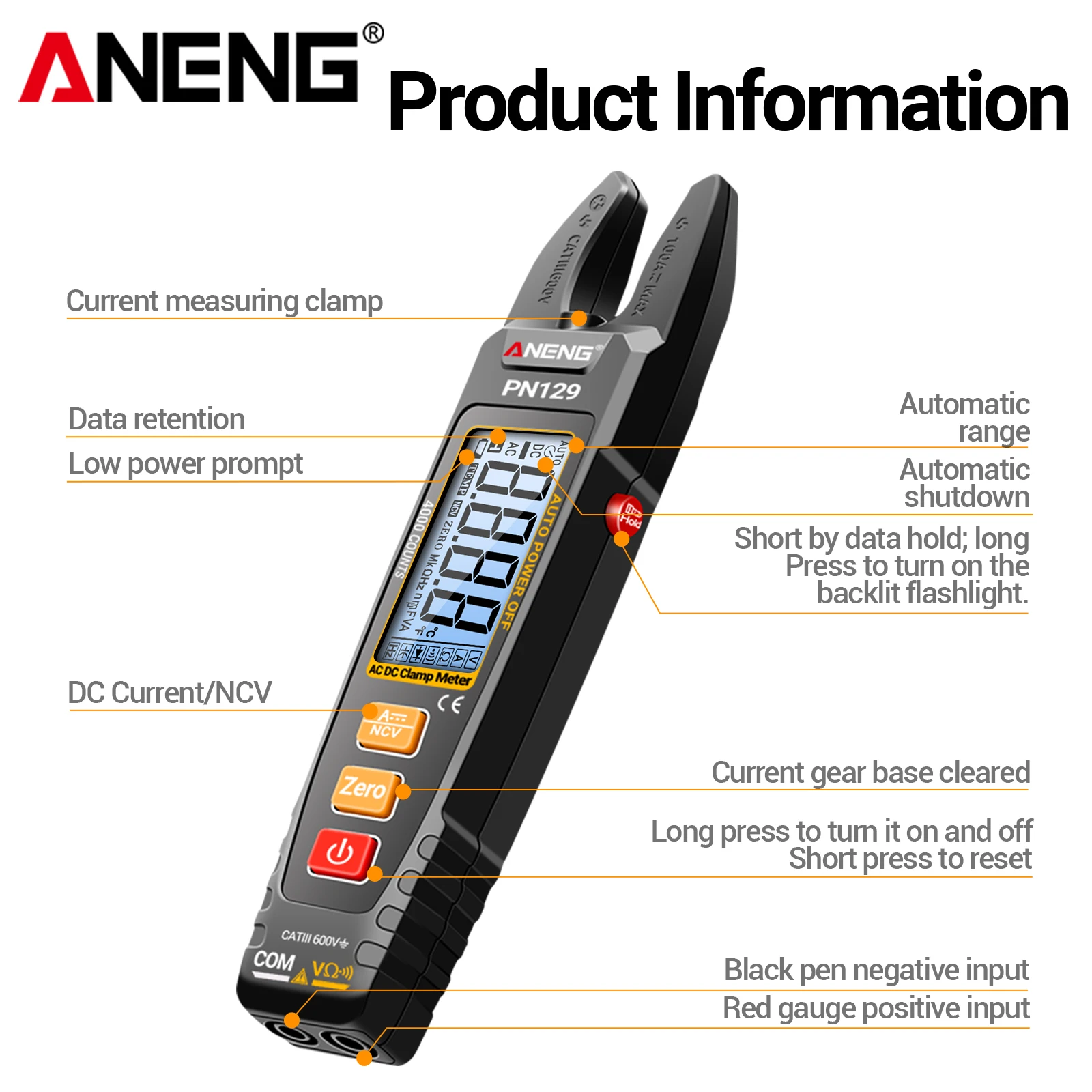 ANENG PN129 지능형 클램프 미터 멀티미터 600V 100A 전압 전류 저항 테스터 백라이트 디스플레이 자동 전원 차단 기능