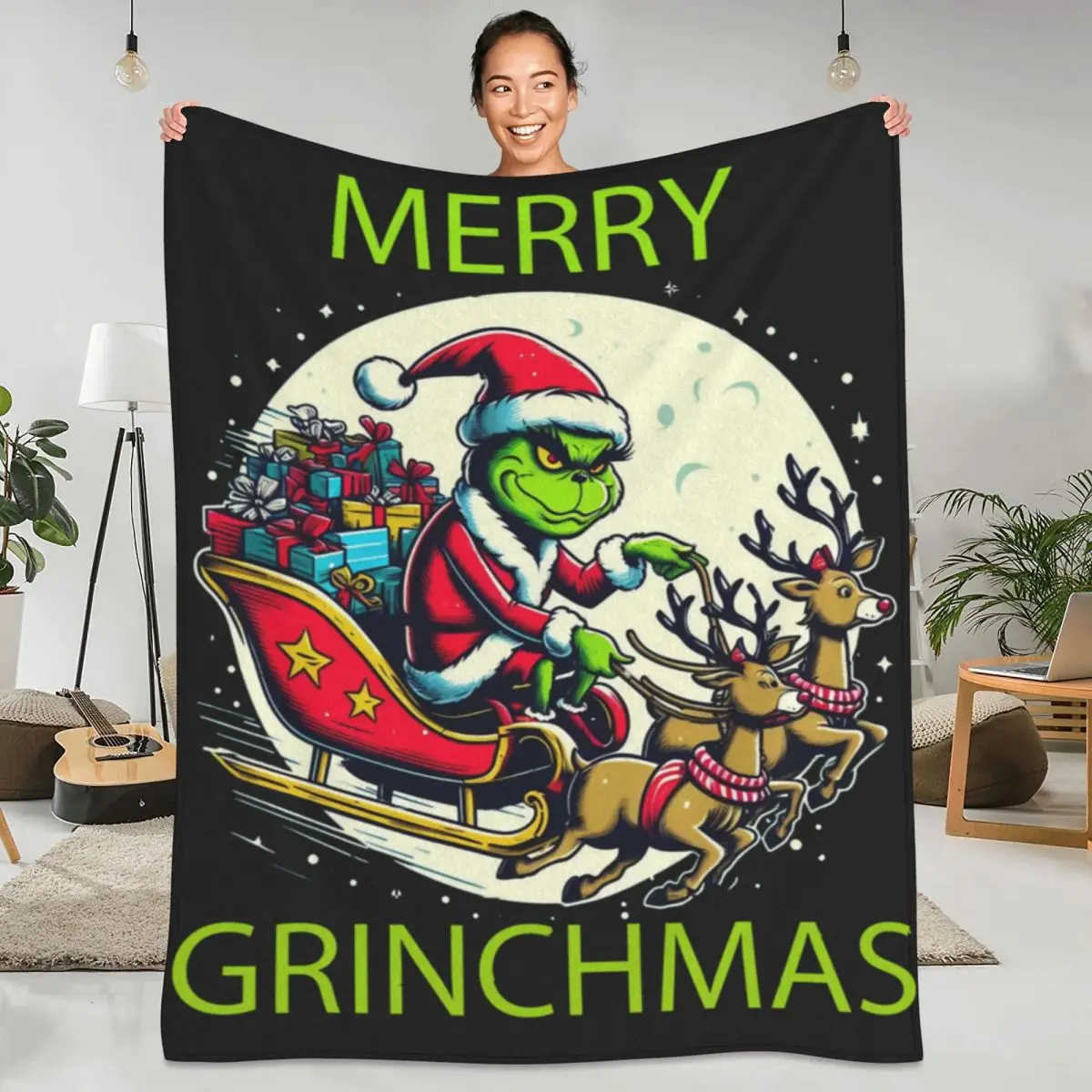 

Christmas G-Grinch Flannel Blanket Deer Xmas Gift Soft Durable Throw Blanket for Couch Chair Travel Bedspread Sofa Bed Cover