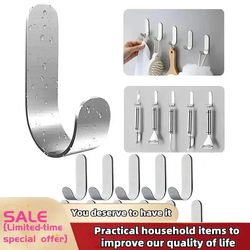 Kitchen Adhesive Hooks Metal Stainless Steel Wall Hooks Utility J Hook Key Holder Self Adhesive Wall Hook for Shower 2/4Pcs