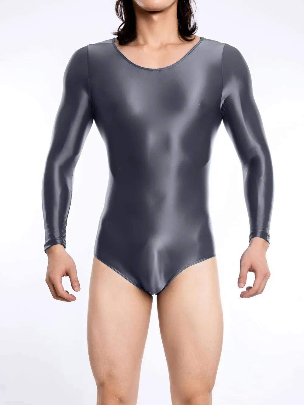 Sexy Satin Shiny Men's Bodysuit Sheer See Through U Bulge Pouch Thong YogaTights High Elastic Slip Long Sleeve Leotard Shapewear