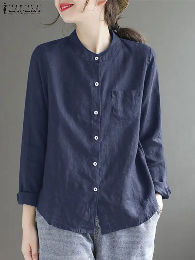 

2023 ZANZEA Fashion Stand Collar Shirt Woman Long Sleeve OL Work Blouse Female Casual Loose Blusas Vintage Cotton Solid Chemise