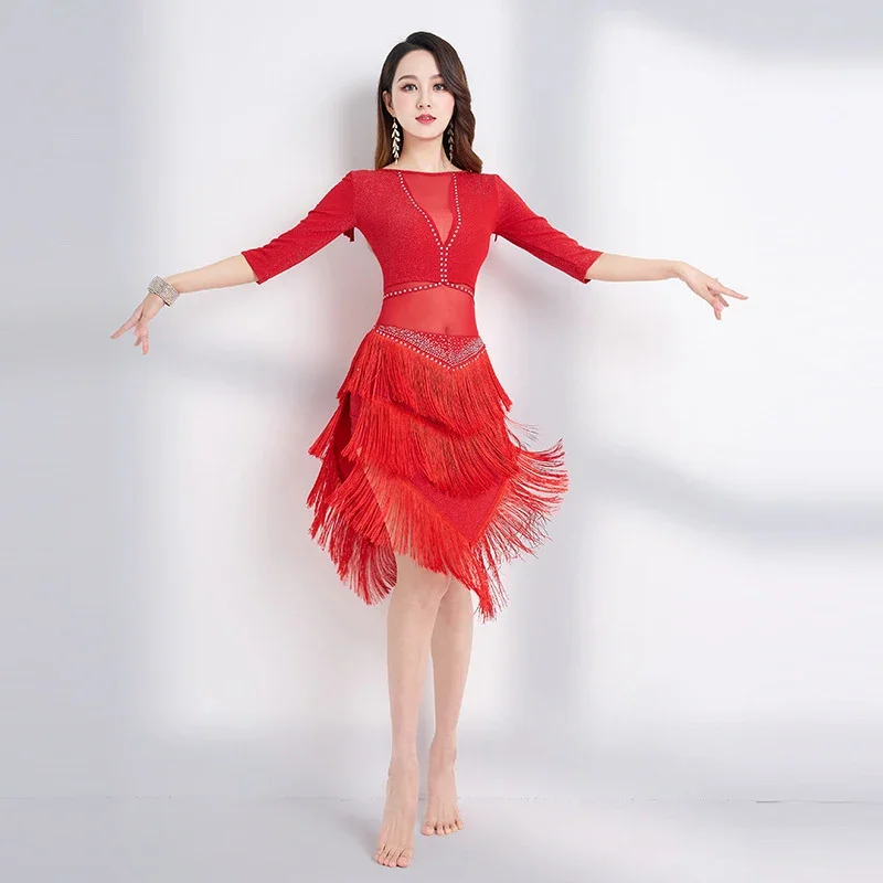

New Woman Stage Performance Women's Dance Clothes Salsa Samba Wear Fringes Top Mesh Sleeves Spandex Latin Skirt 2 Pieces Set Red