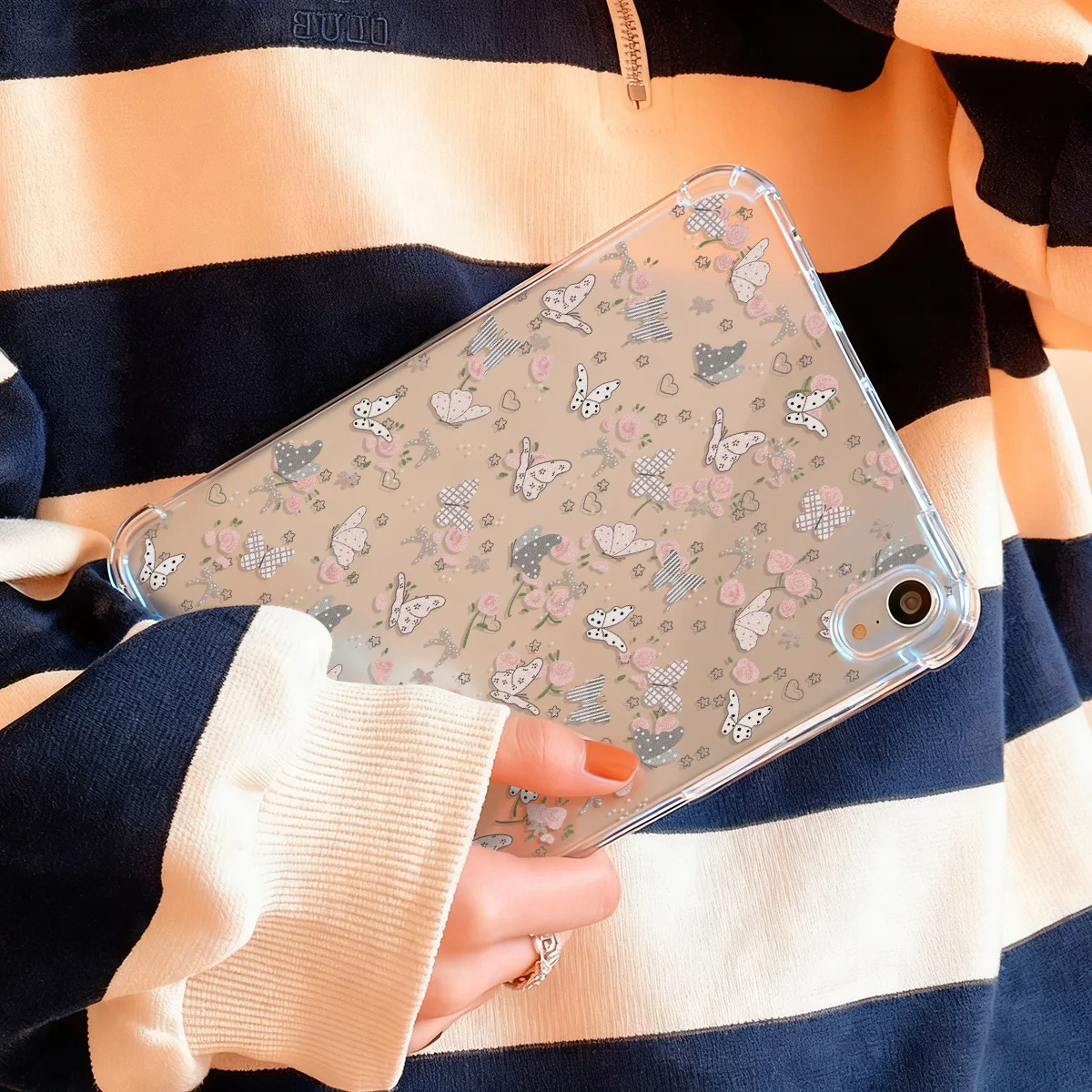 Pink Butterfly Rose Crystal Clear Tablet Case with Gentle Sweet Aesthetic