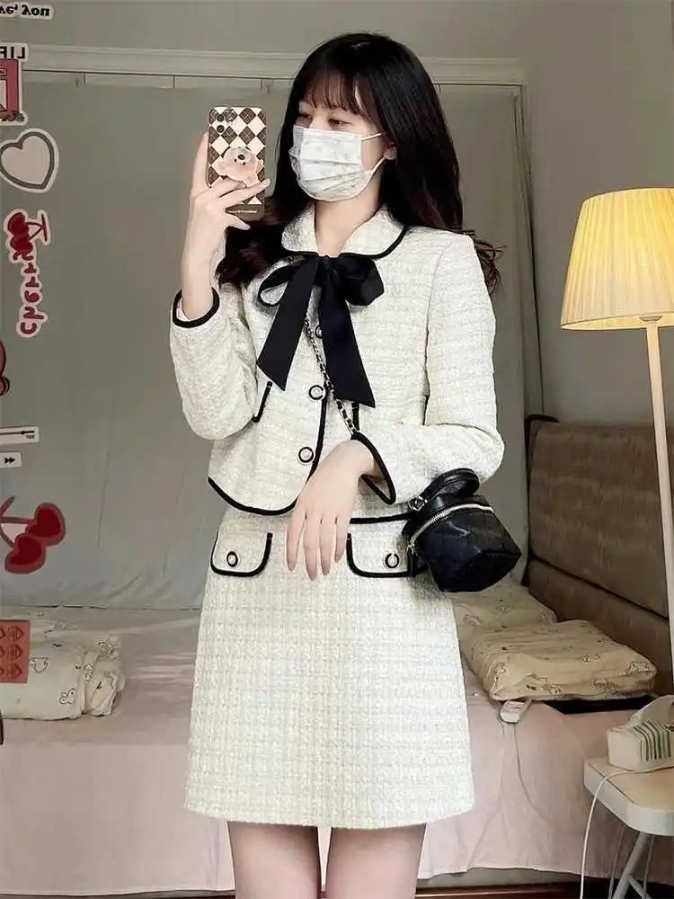 

UNXX Autumn Chic Two-Piece Set for Women - Youthful Bow Tie Short Jacket and Skirt, Elegant Ladylike Outfit High Quality Suit