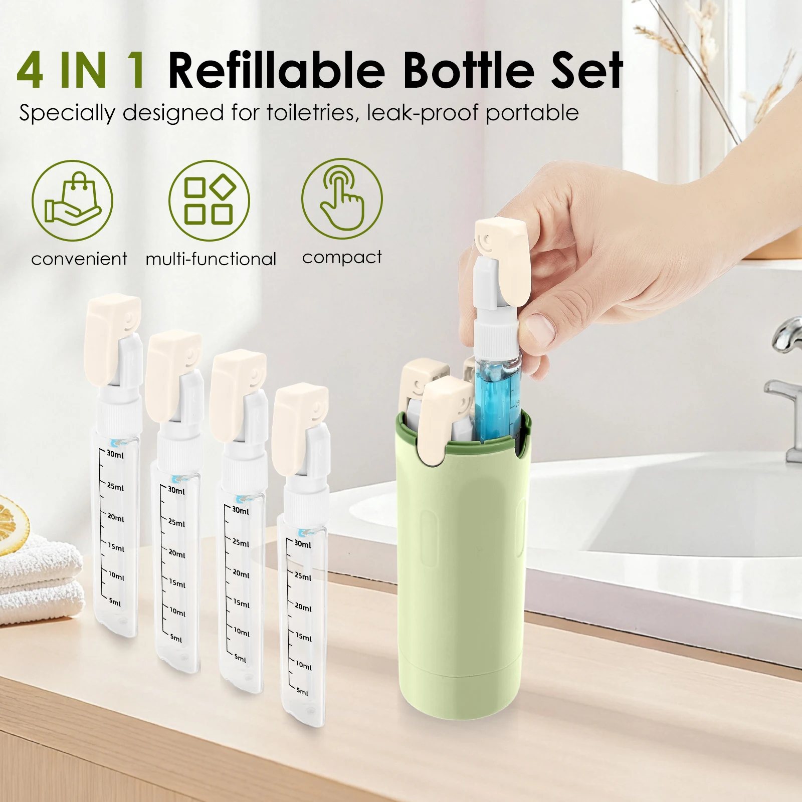 Compact 4-in-1 Leak-Proof Travel Toiletry Dispenser Bottle
